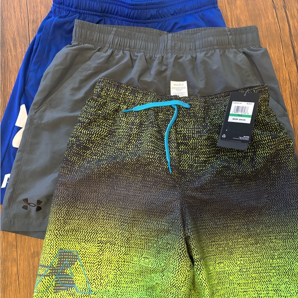 3 Under Armour Kids Gradient Shorts - Black and Green; Grey & Blue